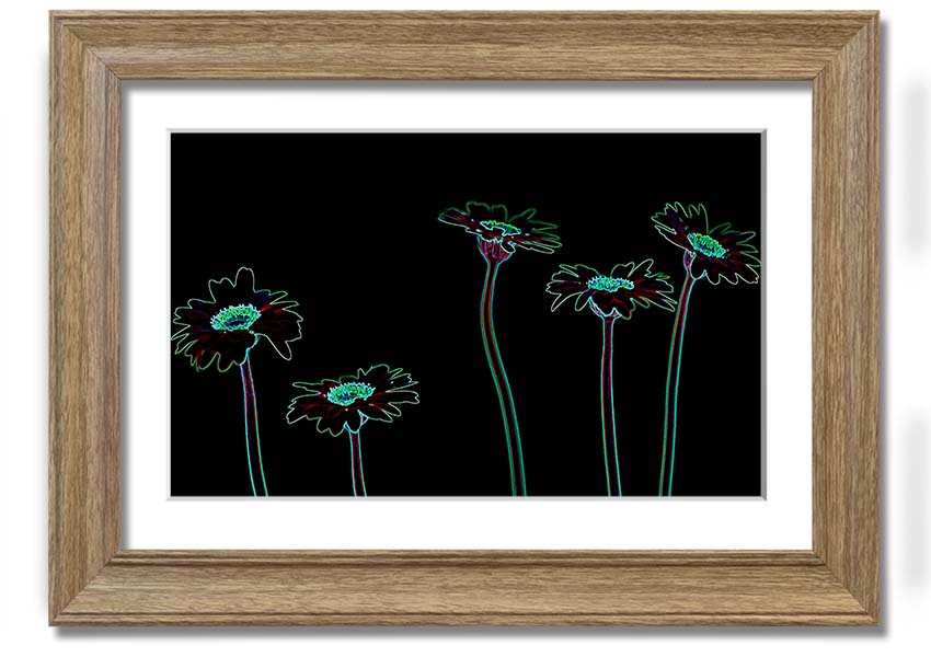 Abstract Neon Floral 29 framed print featuring vibrant colors and floral patterns, ready to hang.