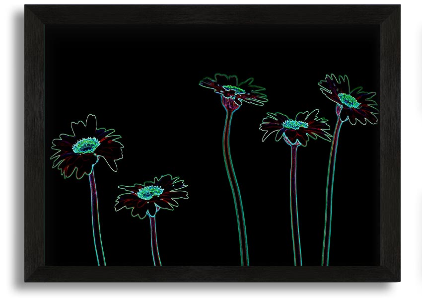 Abstract Neon Floral 29 framed print featuring vibrant colors and floral patterns, ready to hang.