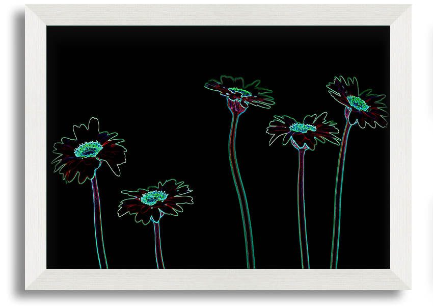 Abstract Neon Floral 29 framed print featuring vibrant colors and floral patterns, ready to hang.