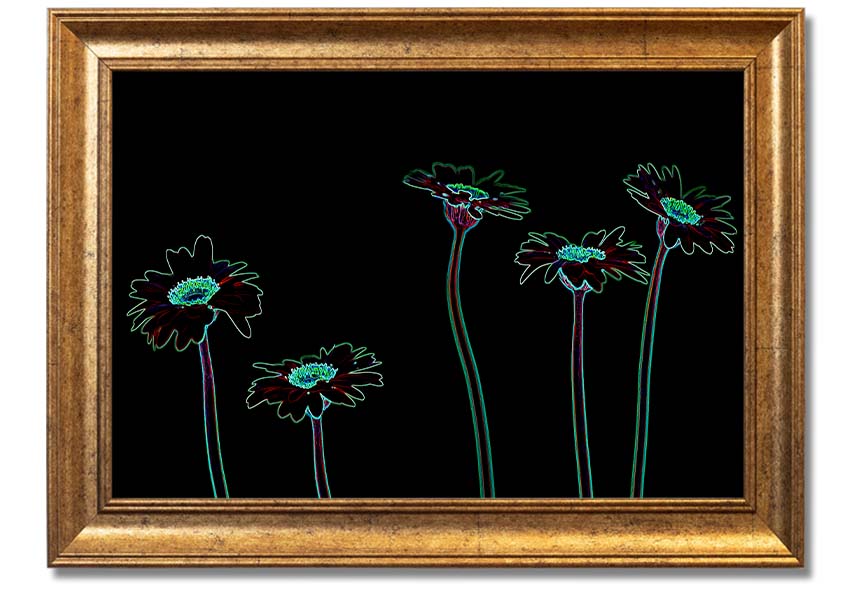 Abstract Neon Floral 29 framed print featuring vibrant colors and floral patterns, ready to hang.