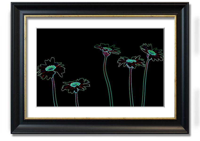 Abstract Neon Floral 29 framed print featuring vibrant colors and floral patterns, ready to hang.