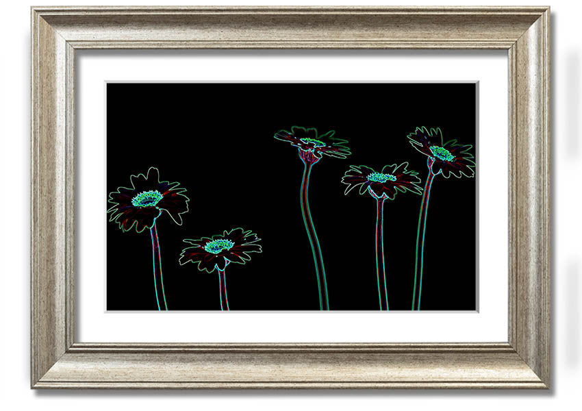 Abstract Neon Floral 29 framed print featuring vibrant colors and floral patterns, ready to hang.