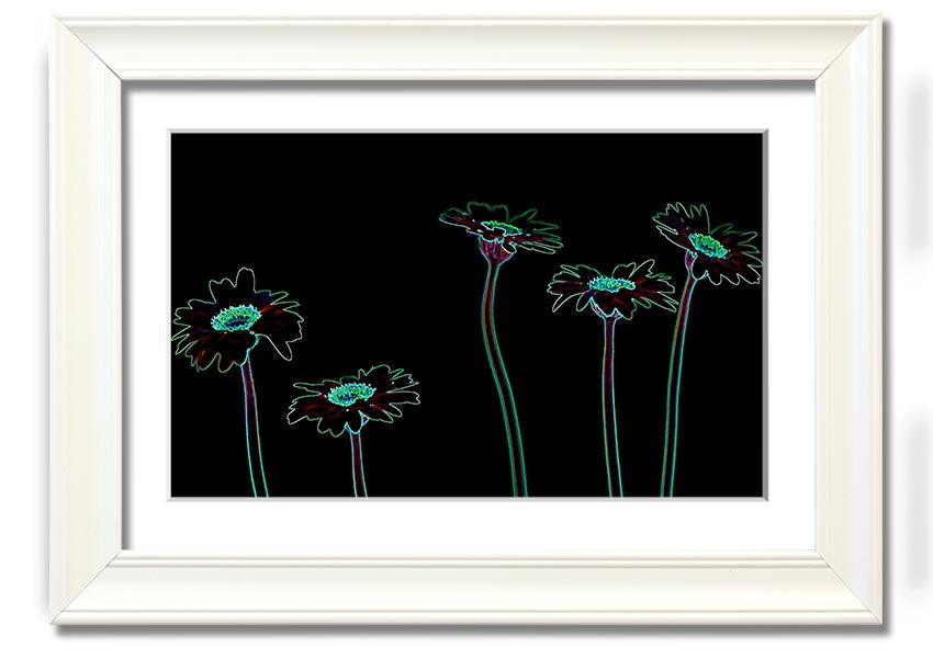 Abstract Neon Floral 29 framed print featuring vibrant colors and floral patterns, ready to hang.