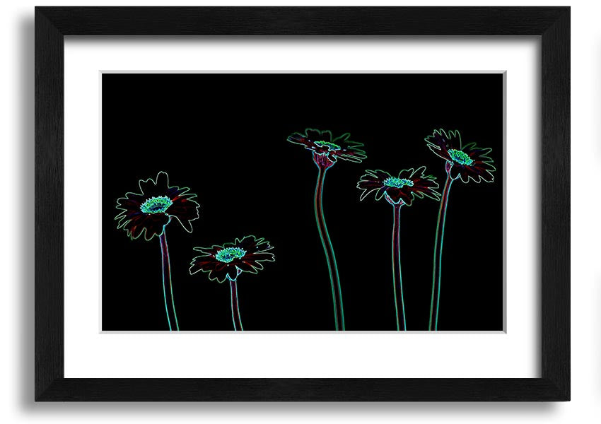 Abstract Neon Floral 29 framed print featuring vibrant colors and floral patterns, ready to hang.