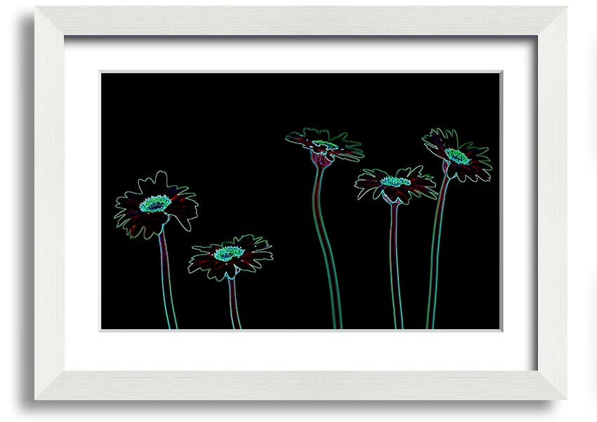 Abstract Neon Floral 29 framed print featuring vibrant colors and floral patterns, ready to hang.