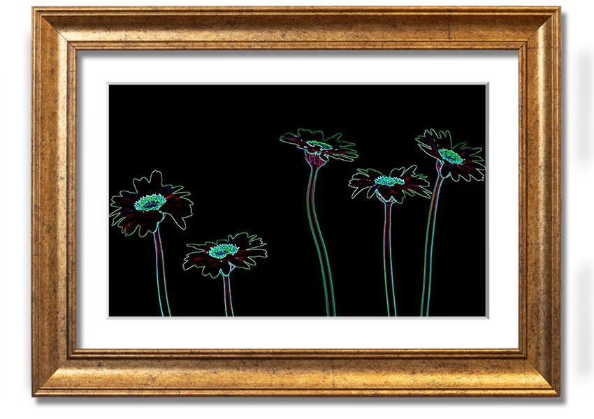 Abstract Neon Floral 29 framed print featuring vibrant colors and floral patterns, ready to hang.