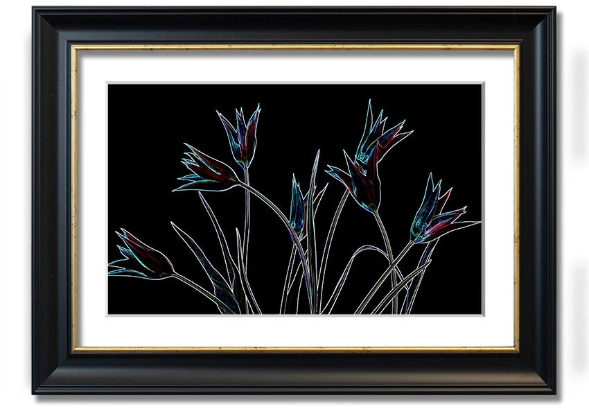 A vibrant Abstract Neon Floral 31 framed print showcasing colorful floral designs in neon hues, ready to hang.