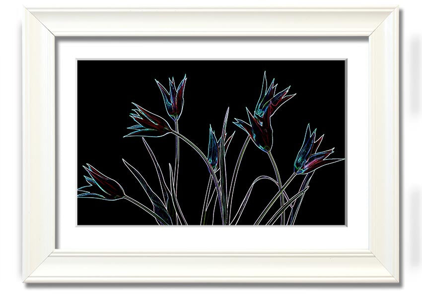 A vibrant Abstract Neon Floral 31 framed print showcasing colorful floral designs in neon hues, ready to hang.