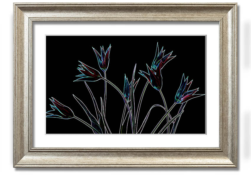 A vibrant Abstract Neon Floral 31 framed print showcasing colorful floral designs in neon hues, ready to hang.