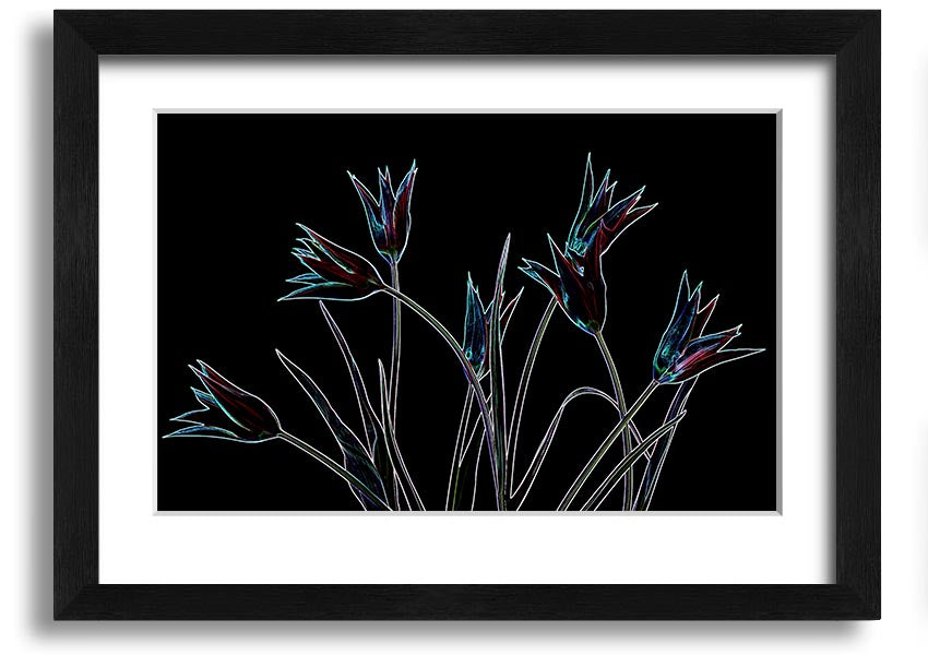 A vibrant Abstract Neon Floral 31 framed print showcasing colorful floral designs in neon hues, ready to hang.