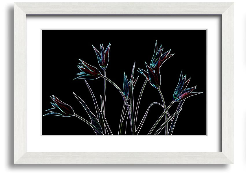 A vibrant Abstract Neon Floral 31 framed print showcasing colorful floral designs in neon hues, ready to hang.