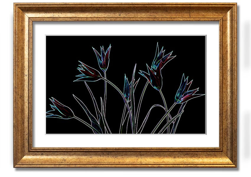 A vibrant Abstract Neon Floral 31 framed print showcasing colorful floral designs in neon hues, ready to hang.