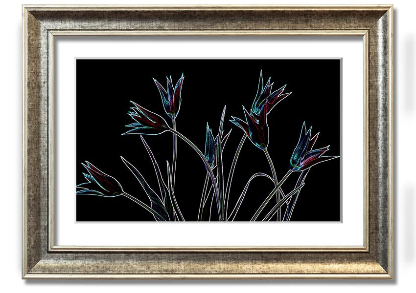 A vibrant Abstract Neon Floral 31 framed print showcasing colorful floral designs in neon hues, ready to hang.