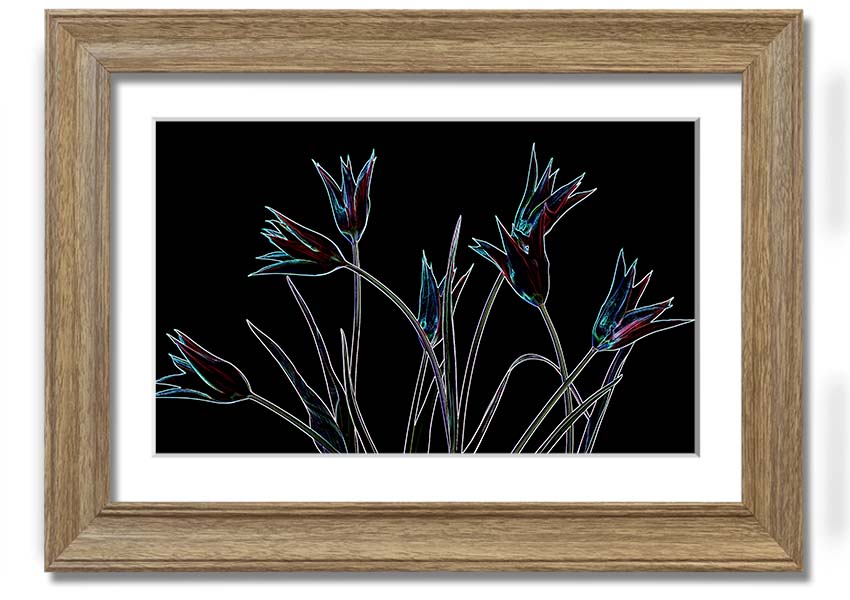 A vibrant Abstract Neon Floral 31 framed print showcasing colorful floral designs in neon hues, ready to hang.