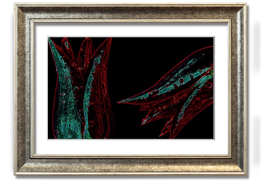 Abstract Neon Floral 37 framed print featuring vibrant colors and floral design, ready to hang.