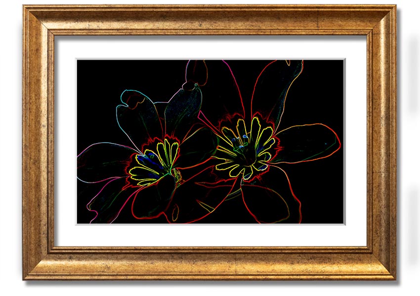 Abstract Neon Floral 38 framed print showcasing vibrant colors and floral design, ready to hang.