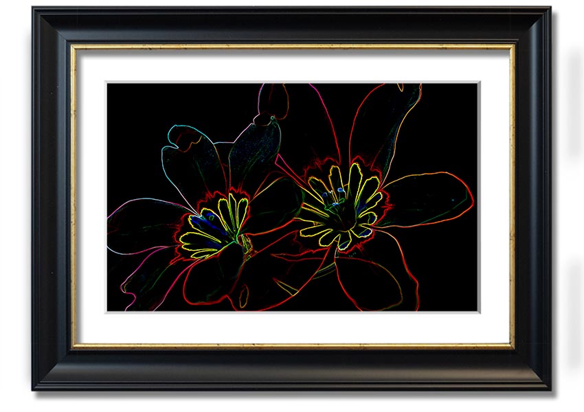 Abstract Neon Floral 38 framed print showcasing vibrant colors and floral design, ready to hang.