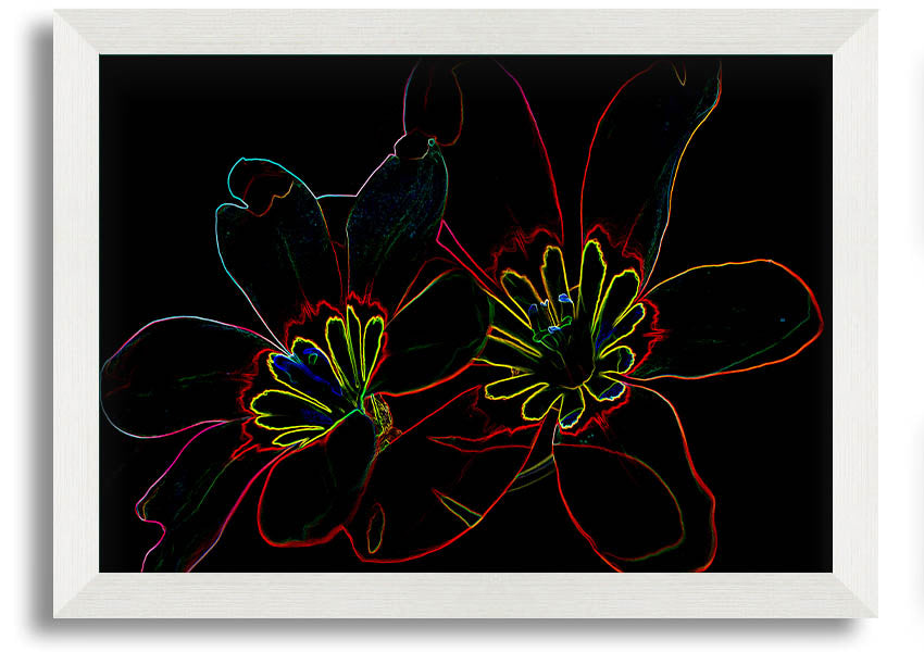 Abstract Neon Floral 38 framed print showcasing vibrant colors and floral design, ready to hang.