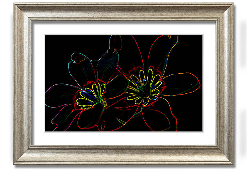 Abstract Neon Floral 38 framed print showcasing vibrant colors and floral design, ready to hang.