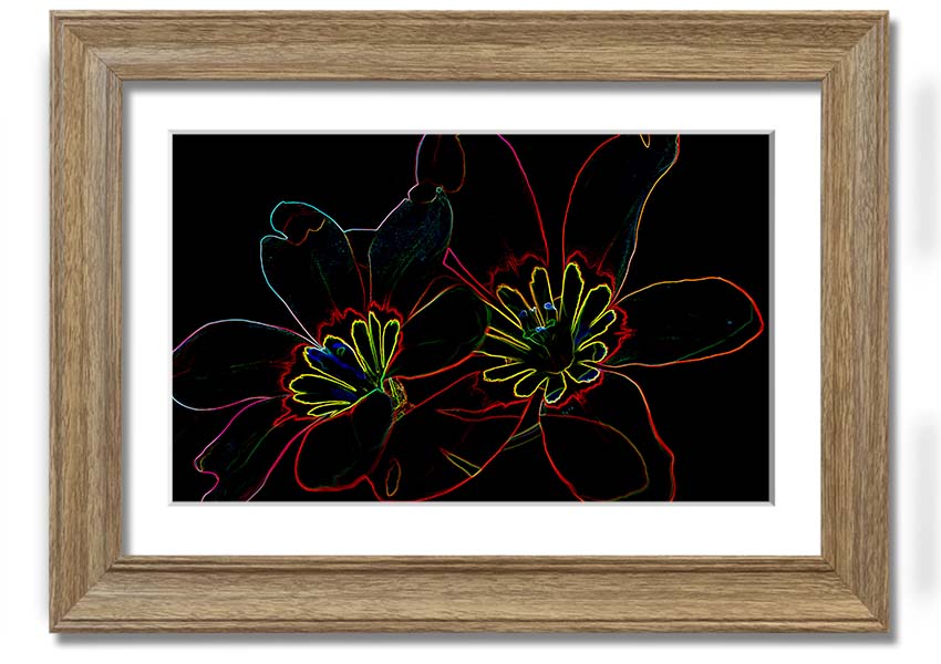 Abstract Neon Floral 38 framed print showcasing vibrant colors and floral design, ready to hang.