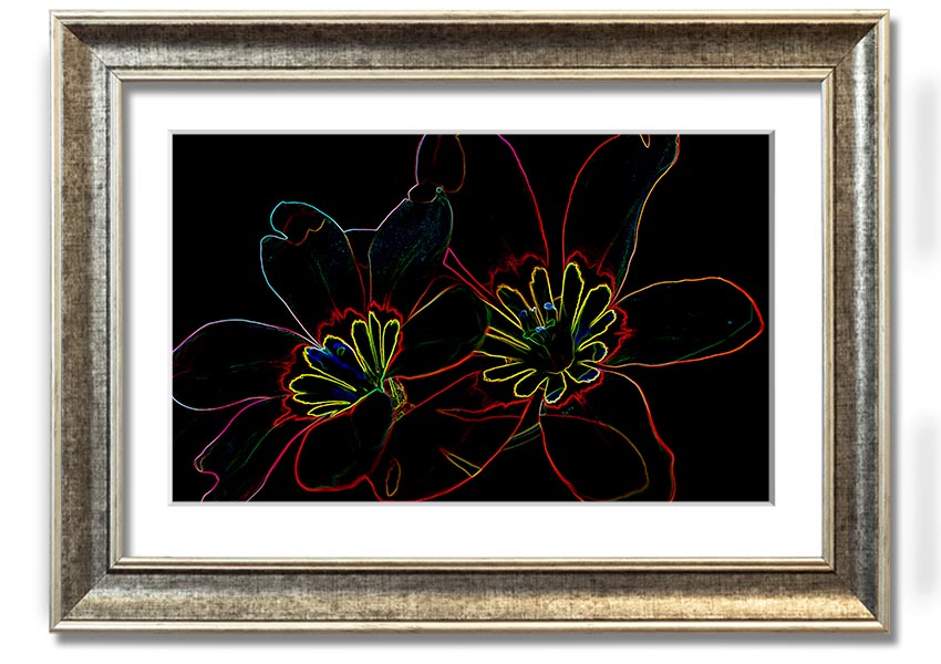 Abstract Neon Floral 38 framed print showcasing vibrant colors and floral design, ready to hang.