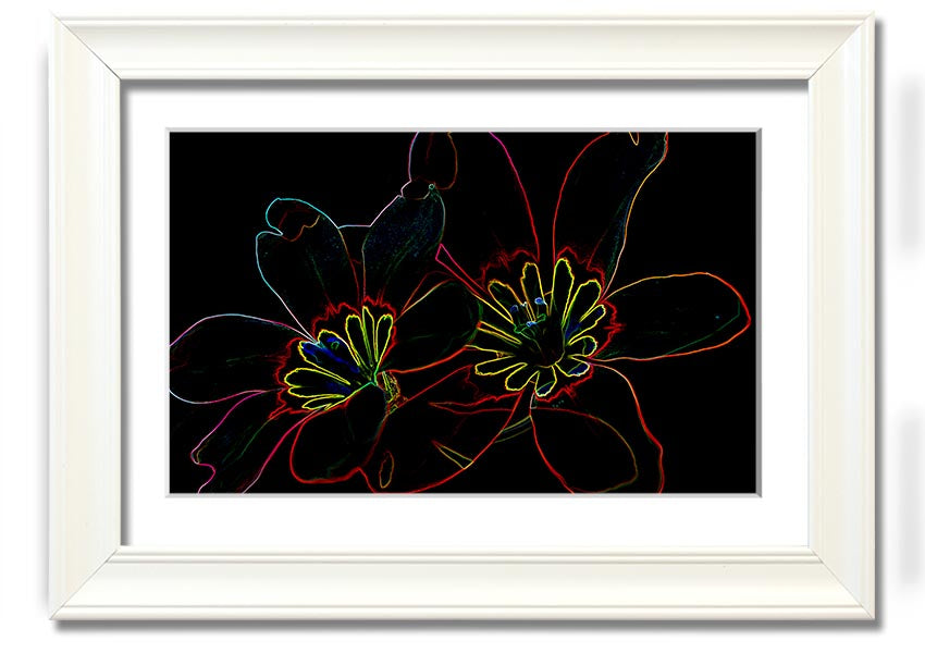 Abstract Neon Floral 38 framed print showcasing vibrant colors and floral design, ready to hang.