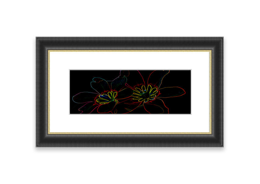 A vibrant Abstract Neon Floral 38 framed print featuring colorful abstract floral designs, ready to hang in various frame colors.