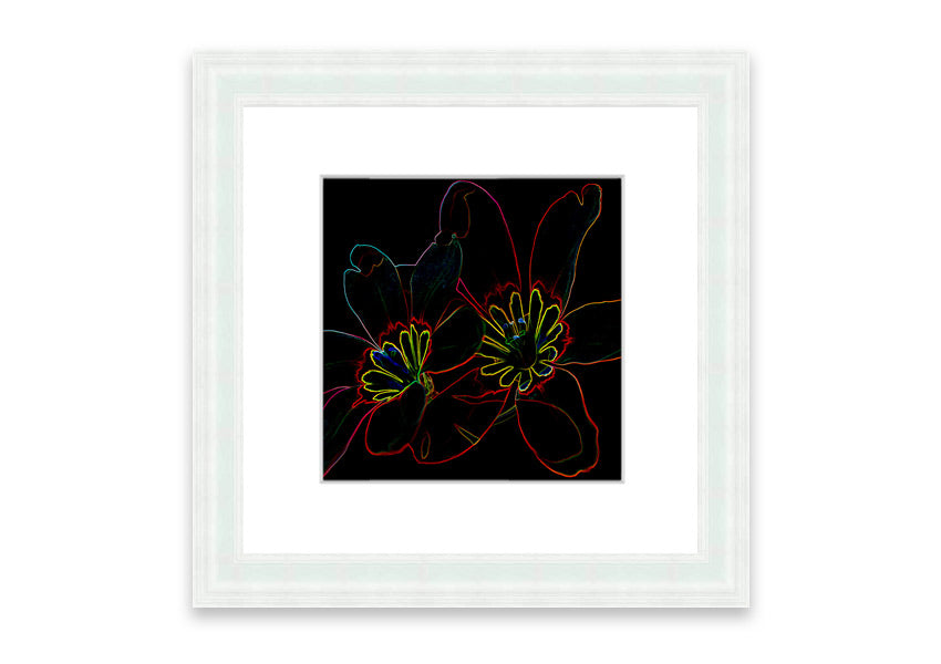 A vibrant Abstract Neon Floral 38 framed print featuring colorful abstract floral designs, ready to hang in various frame colors.