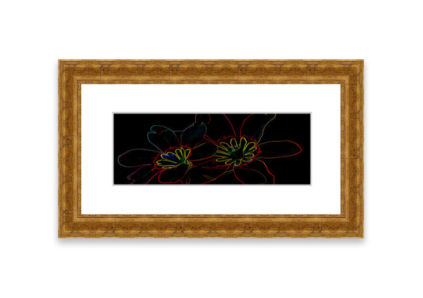 A vibrant Abstract Neon Floral 38 framed print featuring colorful abstract floral designs, ready to hang in various frame colors.