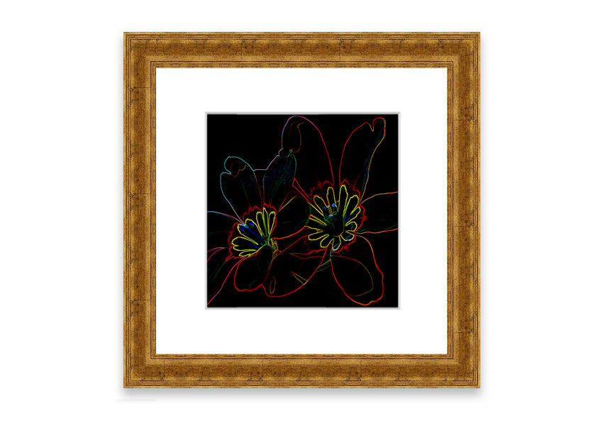 A vibrant Abstract Neon Floral 38 framed print featuring colorful abstract floral designs, ready to hang in various frame colors.