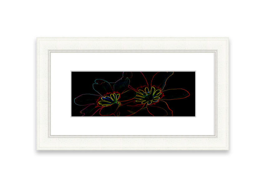 A vibrant Abstract Neon Floral 38 framed print featuring colorful abstract floral designs, ready to hang in various frame colors.