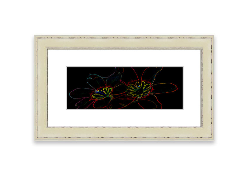 A vibrant Abstract Neon Floral 38 framed print featuring colorful abstract floral designs, ready to hang in various frame colors.