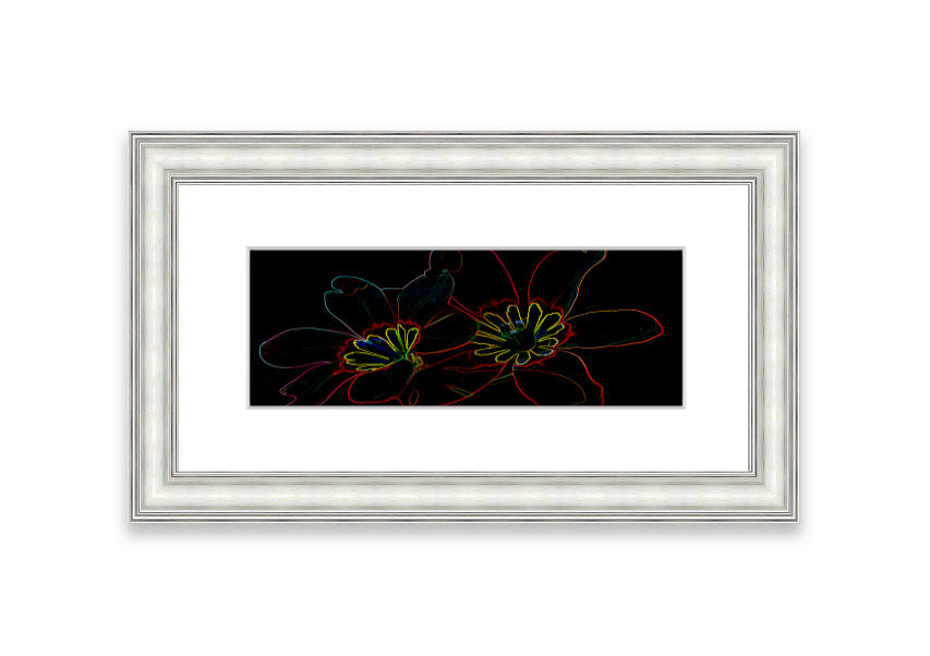 A vibrant Abstract Neon Floral 38 framed print featuring colorful abstract floral designs, ready to hang in various frame colors.