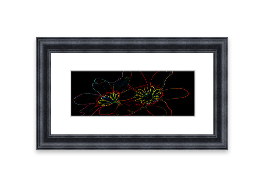 A vibrant Abstract Neon Floral 38 framed print featuring colorful abstract floral designs, ready to hang in various frame colors.