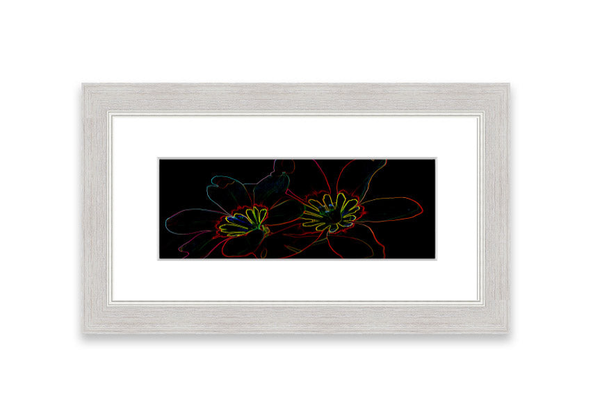 A vibrant Abstract Neon Floral 38 framed print featuring colorful abstract floral designs, ready to hang in various frame colors.