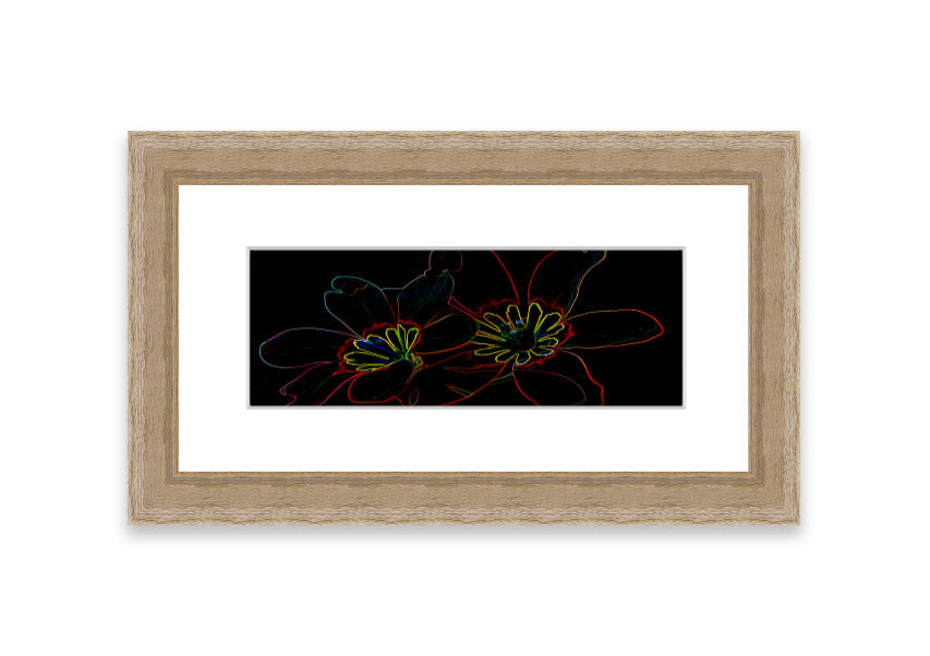 A vibrant Abstract Neon Floral 38 framed print featuring colorful abstract floral designs, ready to hang in various frame colors.