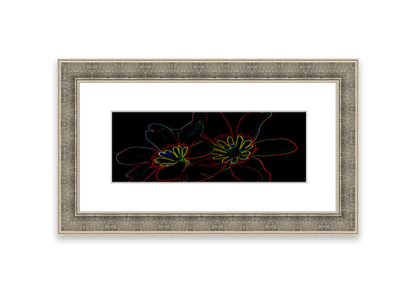 A vibrant Abstract Neon Floral 38 framed print featuring colorful abstract floral designs, ready to hang in various frame colors.