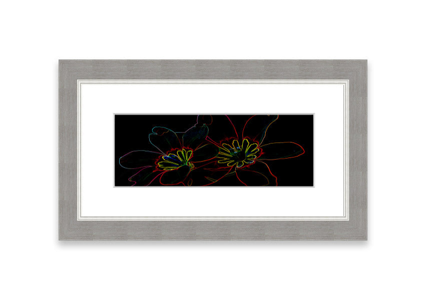 A vibrant Abstract Neon Floral 38 framed print featuring colorful abstract floral designs, ready to hang in various frame colors.