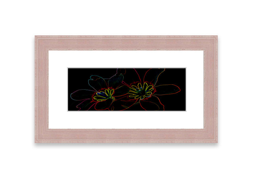 A vibrant Abstract Neon Floral 38 framed print featuring colorful abstract floral designs, ready to hang in various frame colors.