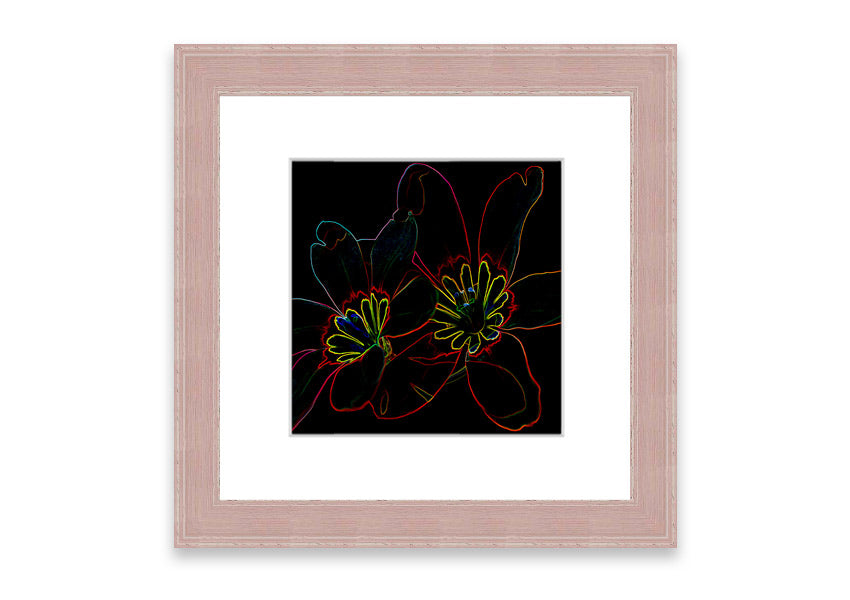 A vibrant Abstract Neon Floral 38 framed print featuring colorful abstract floral designs, ready to hang in various frame colors.