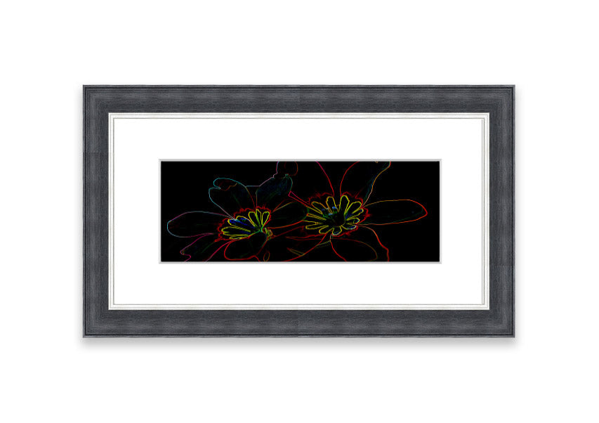 A vibrant Abstract Neon Floral 38 framed print featuring colorful abstract floral designs, ready to hang in various frame colors.