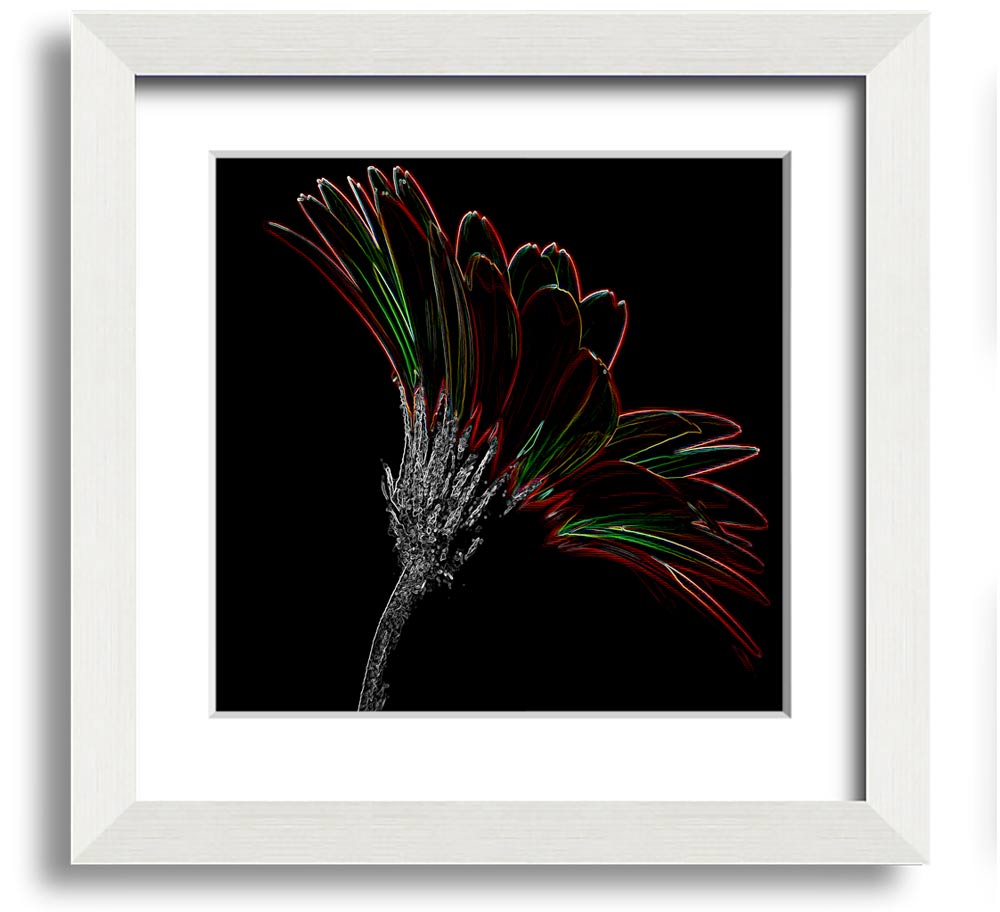 A vibrant square framed print featuring abstract neon floral designs, handmade in the UK.