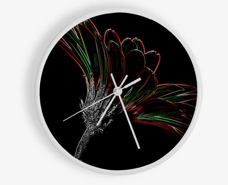 Abstract Neon Floral Delight clock made from natural bamboo with vibrant floral design and clear Plexiglas lens.