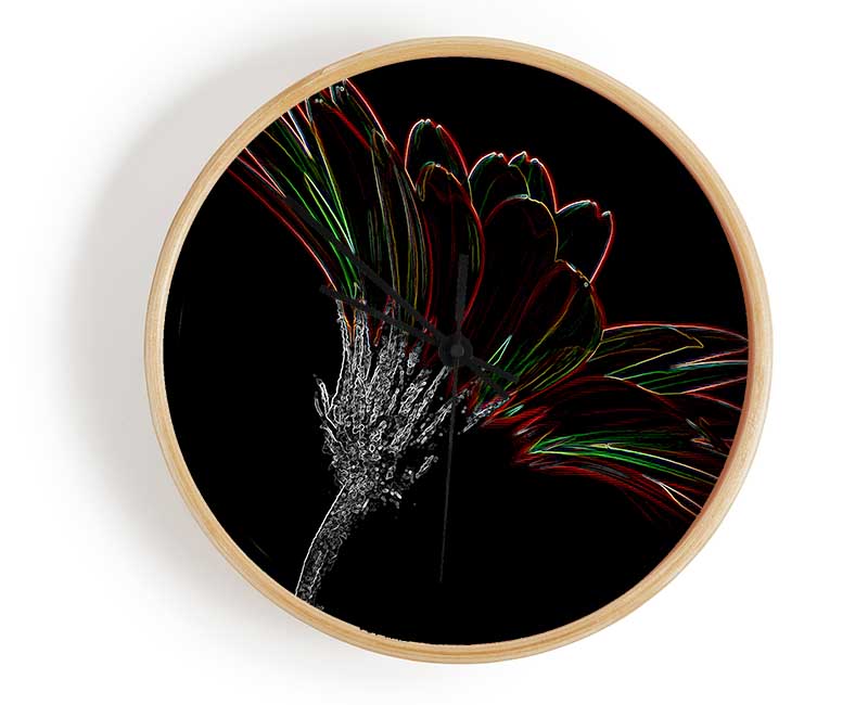 Abstract Neon Floral Delight clock made from natural bamboo with vibrant floral design and clear Plexiglas lens.