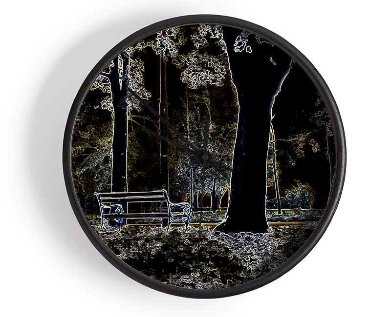 Abstract Neon Landscape 01 clock featuring a vibrant design on a natural bamboo frame with a clear Plexiglas lens.