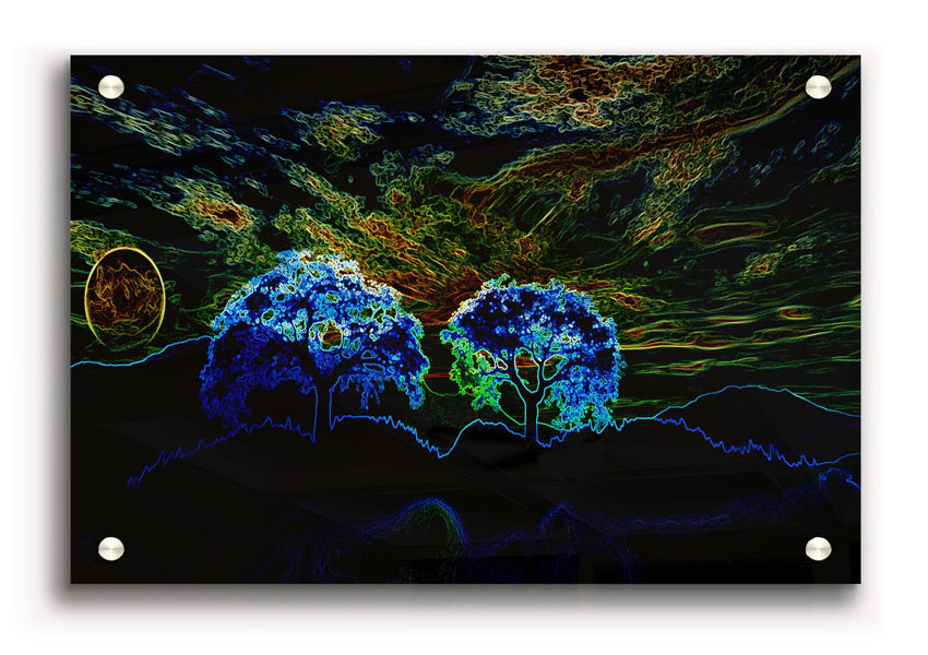 Abstract Neon Landscape 02 acrylic print showcasing vibrant neon colors on 5mm thick acrylic glass, ready to hang.