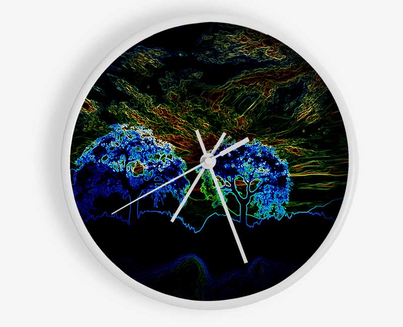 Abstract Neon Landscape 02 clock featuring a vibrant design on a natural bamboo frame with a clear Plexiglas lens.