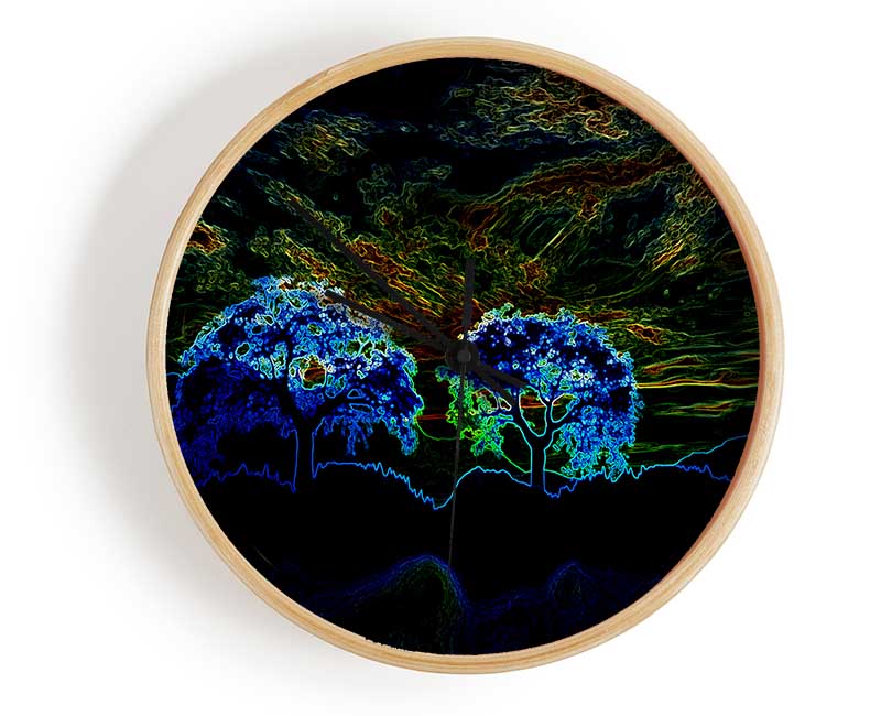 Abstract Neon Landscape 02 clock featuring a vibrant design on a natural bamboo frame with a clear Plexiglas lens.