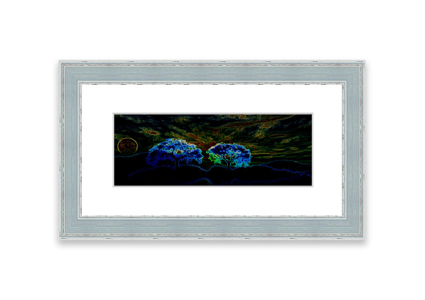 Abstract Neon Landscape 02 framed print featuring vibrant neon colors, handmade in the UK, ready to hang.