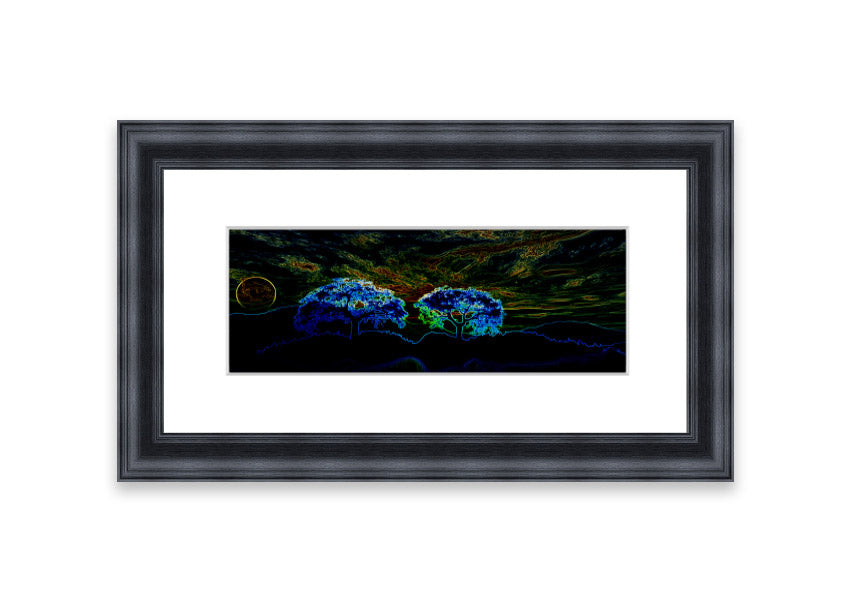 Abstract Neon Landscape 02 framed print featuring vibrant neon colors, handmade in the UK, ready to hang.